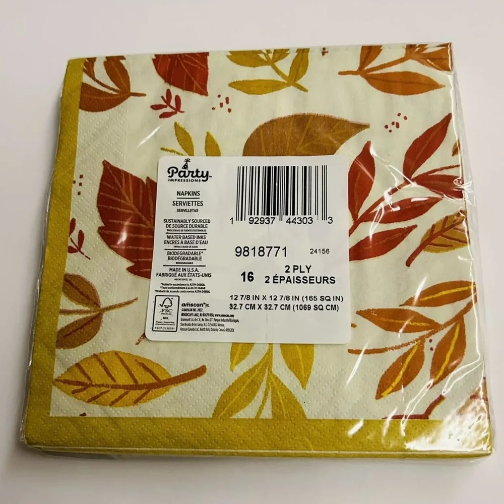 New 48 Fall Napkins Yellow Red Orange Leaves Party Impressions made in the USA